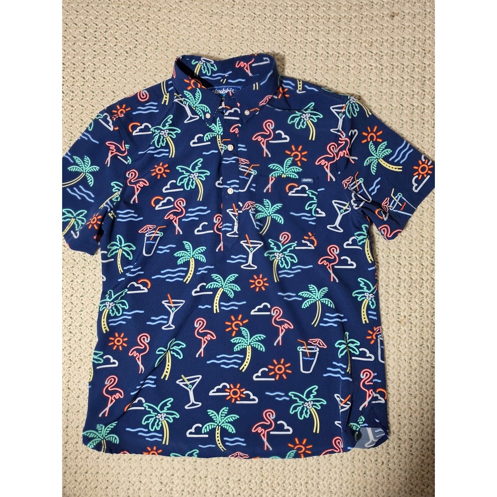 Chubbies Polo Shirt Mens Large Navy Excellent Neon Flamingo Tropical Palm Tree